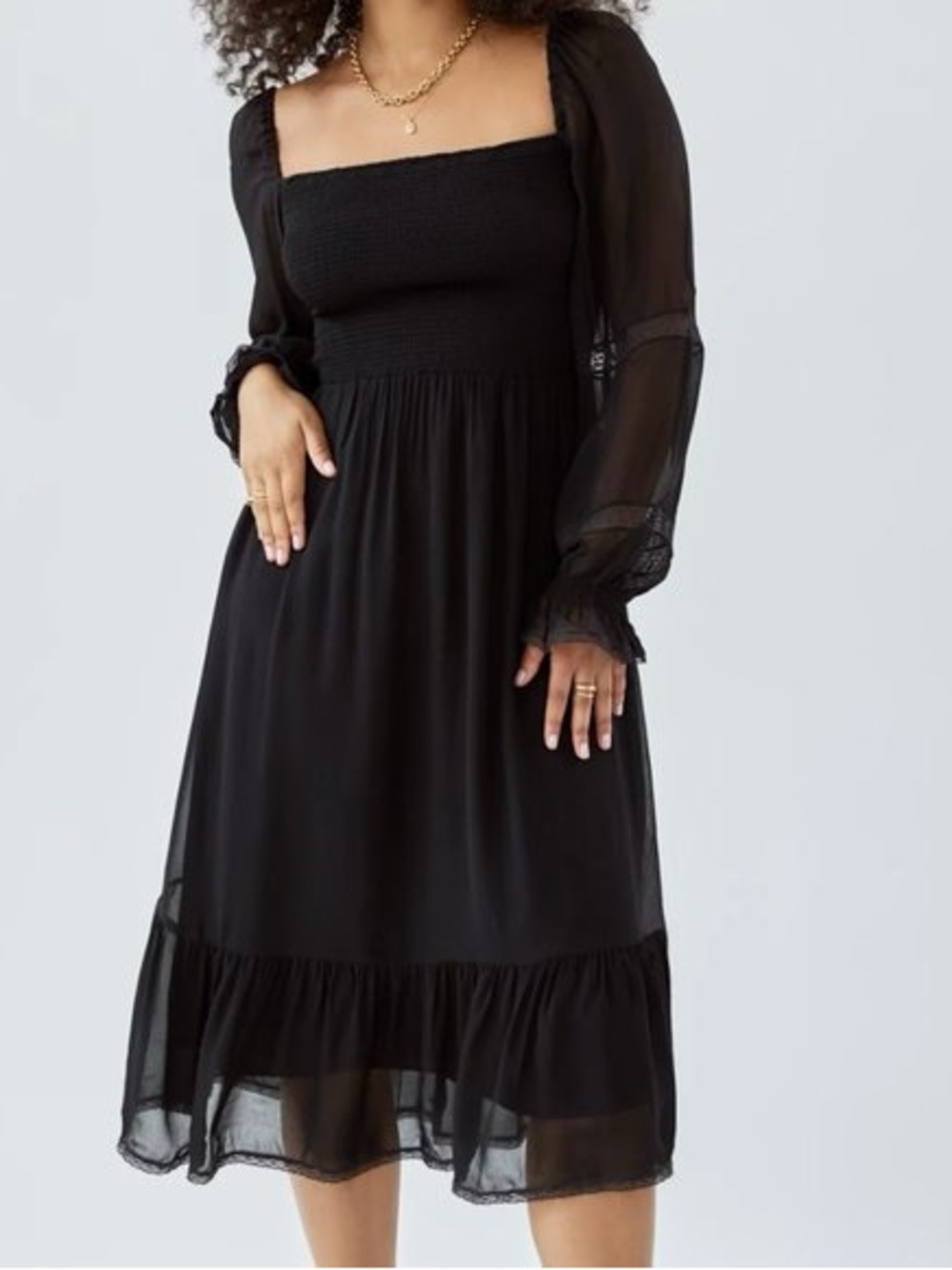 Wilfred Aritzia Grace Dress Black Smocked Square-Neck Midi Sheer Sleeves Medium